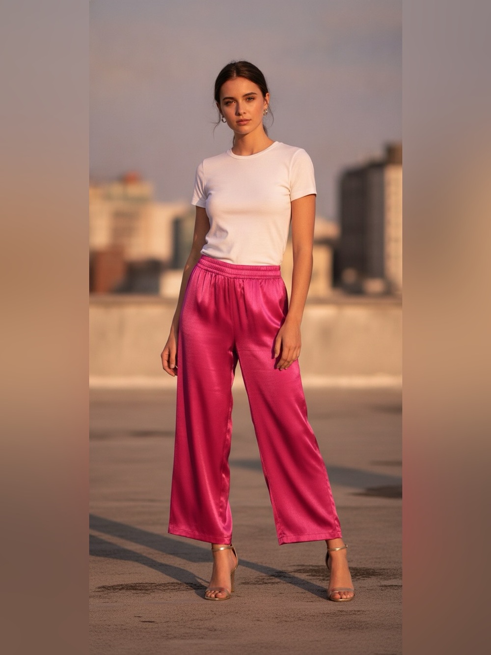House of Harlow 1960 disco Satin high rise Hot Pink Wide-Leg Pants size small